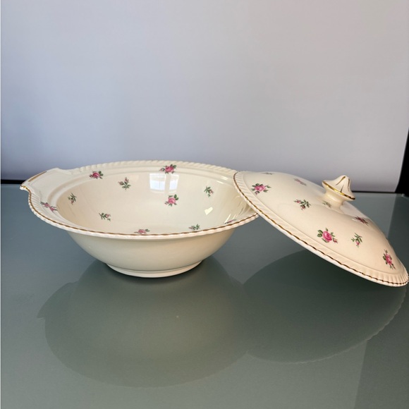 Johnson Brother Ivory Covered Serving Bowl with Pink Rose...